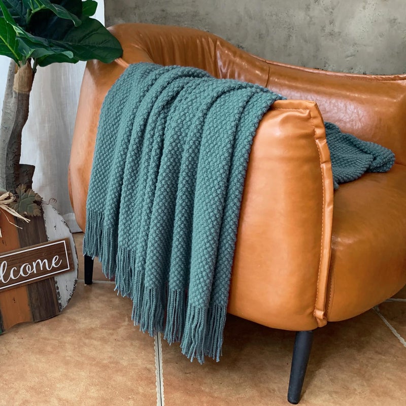 LOMAO Knitted Throw Blanket with Tassels Bubble Textured Soft Blanket Lightweight Warm Throw Blanket for Couch Cover Home Decor (Teal, 50x60) - Image 2